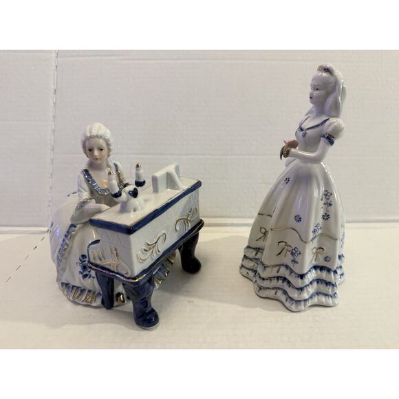 Vintage Porcelain Blue White Gold Accents Victorian Lady Playing Piano & Girl - Picture 2 of 7